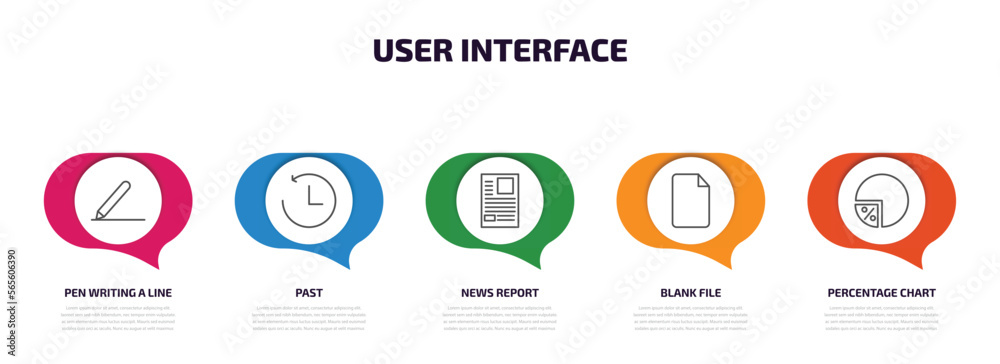 user interface infographic element with outline icons and 5 step or option. user interface icons such as pen writing a line, past, news report, blank file, percentage chart vector.