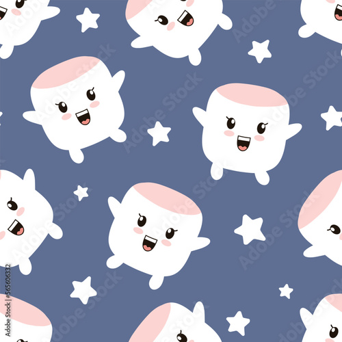 kawaii cute marshmallows on deep blue background with stars in the sky. Kids camp cartoon flat character design for fabric and textile print.