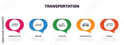 transportation infographic element with outline icons and 5 step or option. transportation icons such as airport shuttle, wrecker, litter car, vintage bicycle, minibus vector.
