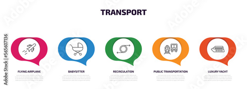 transport infographic element with outline icons and 5 step or option. transport icons such as flying airplane, babysitter, recirculation, public transportation, luxury yacht vector.