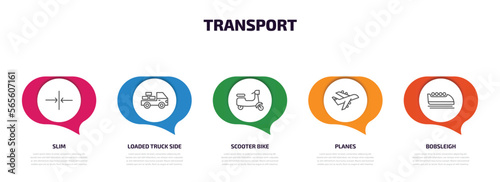 transport infographic element with outline icons and 5 step or option. transport icons such as slim, loaded truck side view, scooter bike, planes, bobsleigh vector.
