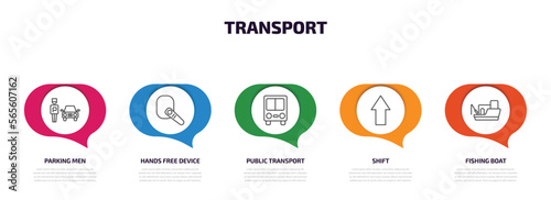 transport infographic element with outline icons and 5 step or option. transport icons such as parking men, hands free device, public transport, shift, fishing boat vector.