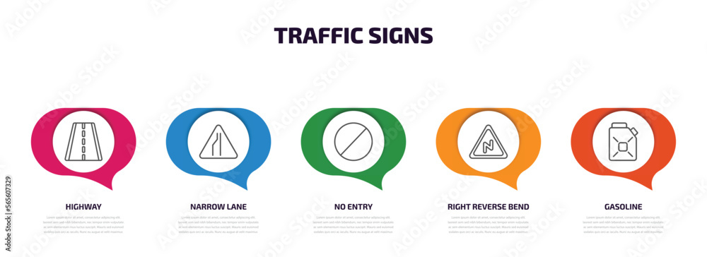 traffic signs infographic element with outline icons and 5 step or option. traffic signs icons such as highway, narrow lane, no entry, right reverse bend, gasoline vector.