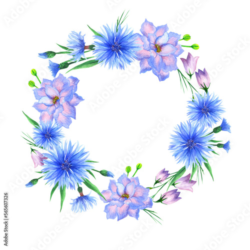 Fototapeta Naklejka Na Ścianę i Meble -  
Watercolor flowers of cornflower, peony, bluebell in a congratulatory frame.