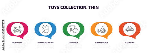 toys collection. thin infographic element with outline icons and 5 step or option. toys collection. thin icons such as ride on toy, thinking game toy, dough toy, submarine blocks vector.