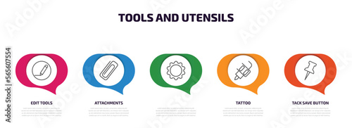 tools and utensils infographic element with outline icons and 5 step or option. tools and utensils icons such as edit tools, attachments, , tattoo, tack save button vector.