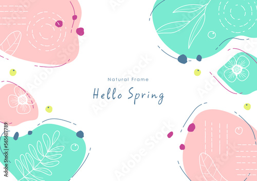 花と葉っぱの手描きフレーム 春の背景イラスト © soo.