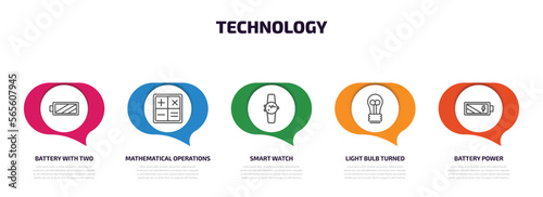 technology infographic element with outline icons and 5 step or option. technology icons such as battery with two bars, mathematical operations, smart watch, light bulb turned off, battery power