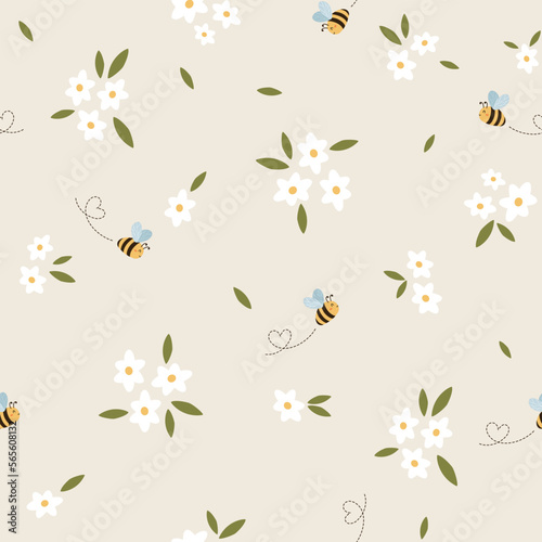 Seamless Pattern with Flying Cute Bee and doodle flower, Cartoon Animals Background, Design for baby clothes, t-shirts, wrapping, fabric, textiles and more