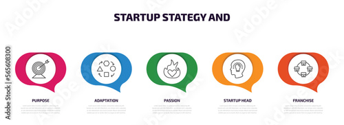 startup stategy and infographic element with outline icons and 5 step or option. startup stategy and icons such as purpose, adaptation, passion, startup head, franchise vector.