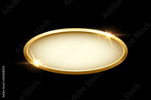 3d plate button of ellipse shape with golden frame vector illustration. Realistic isolated website element, golden glossy label for game UI, oval badge of navigation menu with light effect on border