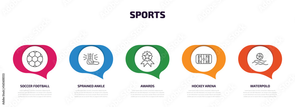 sports infographic element with outline icons and 5 step or option. sports icons such as soccer football ball, sprained ankle, awards, hockey arena, waterpolo vector. sports infographic element with outline icons and 5 step or option. sports icons such as soccer football ball, sprained ankle, awards, hockey arena, waterpolo vector.
