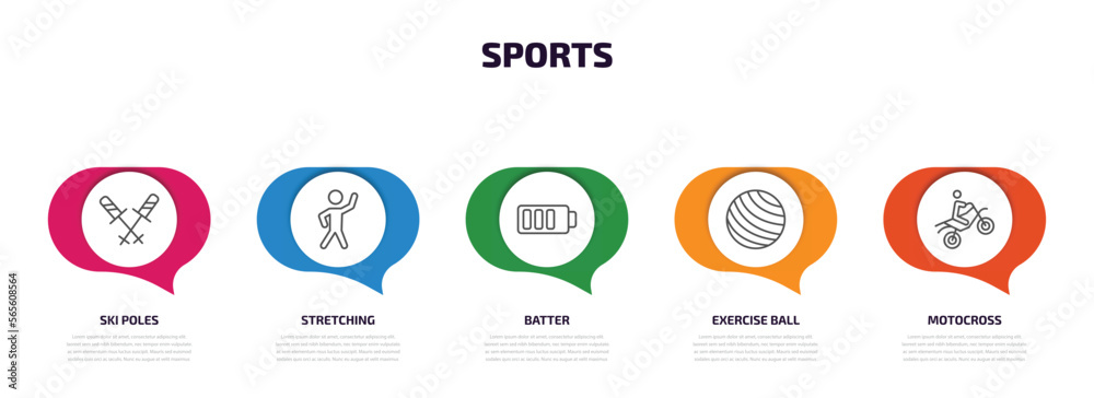 sports infographic element with outline icons and 5 step or option. sports icons such as ski poles, stretching, batter, exercise ball, motocross vector. sports infographic element with outline icons and 5 step or option. sports icons such as ski poles, stretching, batter, exercise ball, motocross vector.