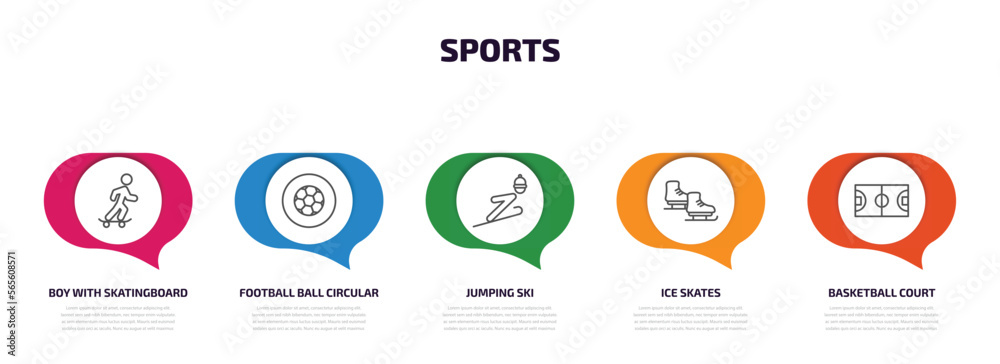 sports infographic element with outline icons and 5 step or option. sports icons such as boy with skatingboard, football ball circular, jumping ski, ice skates, basketball court vector. sports infographic element with outline icons and 5 step or option. sports icons such as boy with skatingboard, football ball circular, jumping ski, ice skates, basketball court vector.
