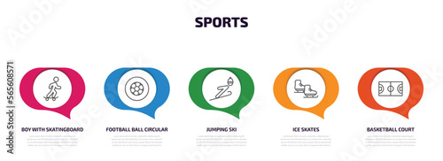 sports infographic element with outline icons and 5 step or option. sports icons such as boy with skatingboard, football ball circular, jumping ski, ice skates, basketball court vector.