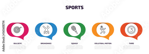 sports infographic element with outline icons and 5 step or option. sports icons such as bullseye, breakdance, squash, volleyball motion, third vector.