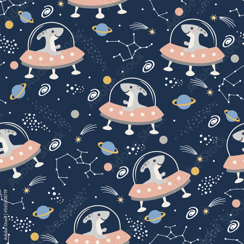 Seamless Vector Pattern with Cute Dino in Spaceships, Cartoon Animals Space Background. Galaxy print for baby clothes, t-shirts, wrapping, fabric, textiles and more