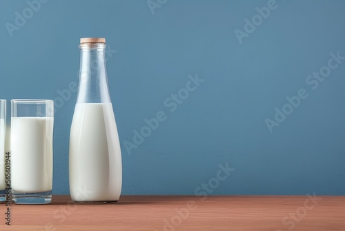 A bottle of milk and a glass of milk on a wooden table on a blue background - generative ai