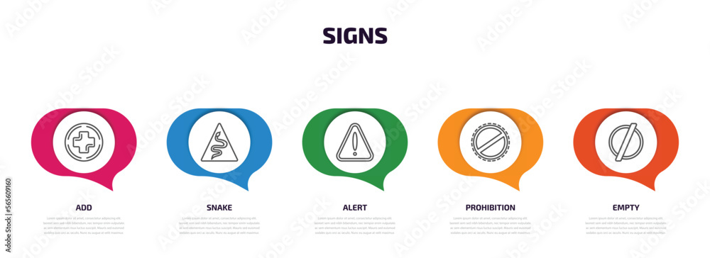 signs infographic element with outline icons and 5 step or option. signs icons such as add, snake, alert, prohibition, empty vector.