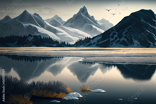 Frozen Scandinavian Lake, lllustration design for presentation, banner, cover, web, flyer, card, poster, wallpaper, texture, slide, magazine, and powerpoint. Made by Generative AI.  photo