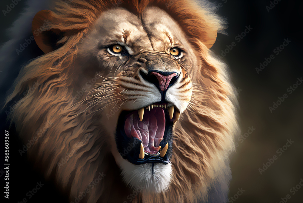 Premium AI Image  A lion roars with his mouth open.