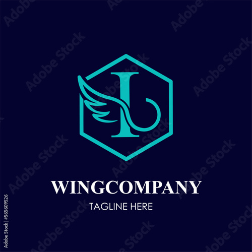 Initial I Letter with Wing Bird in Line Art Style Logo Idea Template