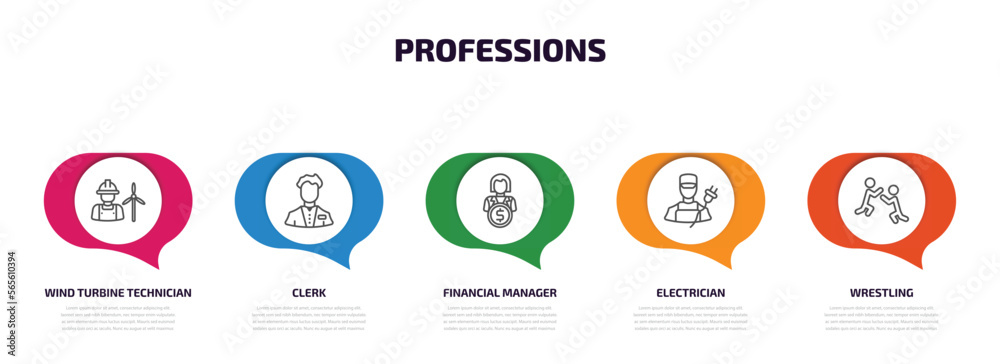 professions infographic element with outline icons and 5 step or option. professions icons such as wind turbine technician, clerk, financial manager, electrician, wrestling vector. professions infographic element with outline icons and 5 step or option. professions icons such as wind turbine technician, clerk, financial manager, electrician, wrestling vector.
