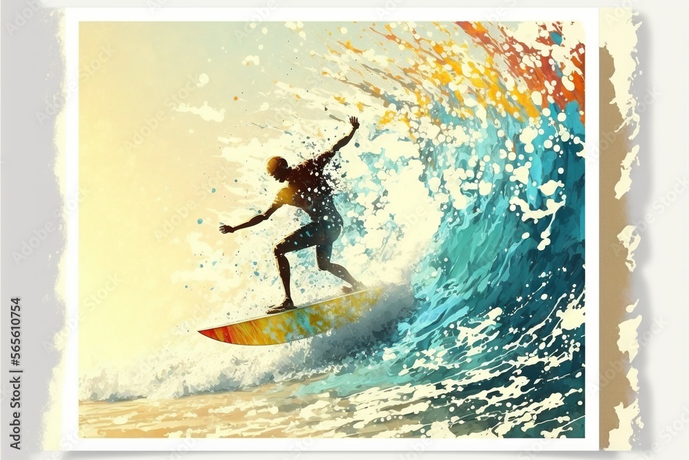  a man riding a wave on top of a surfboard in the ocean with a sky background and a white frame around him that has a picture of a surfer on it.  generative ai