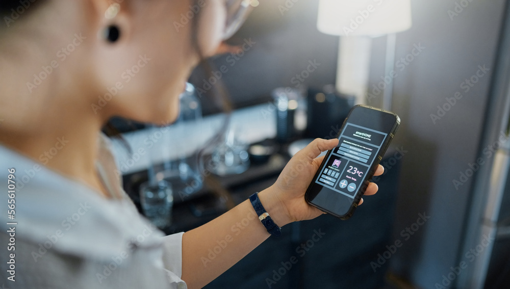 Smart home technology, app and woman with phone dashboard for air ...