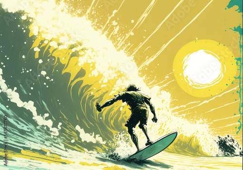  a man riding a surfboard on a wave in the ocean at sunset or sunrise time, with a sun shining behind him and a wave.  generative ai