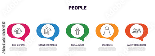people infographic element with outline icons and 5 step or option. people icons such as chef uniform, sitting man reading, cinema award, bride dress, family board games vector.