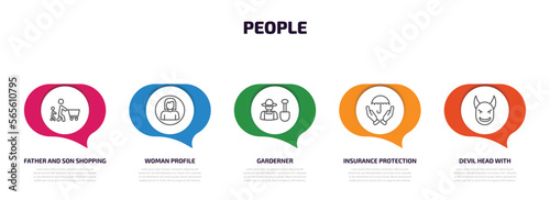 people infographic element with outline icons and 5 step or option. people icons such as father and son shopping, woman profile, garderner, insurance protection, devil head with horns vector.