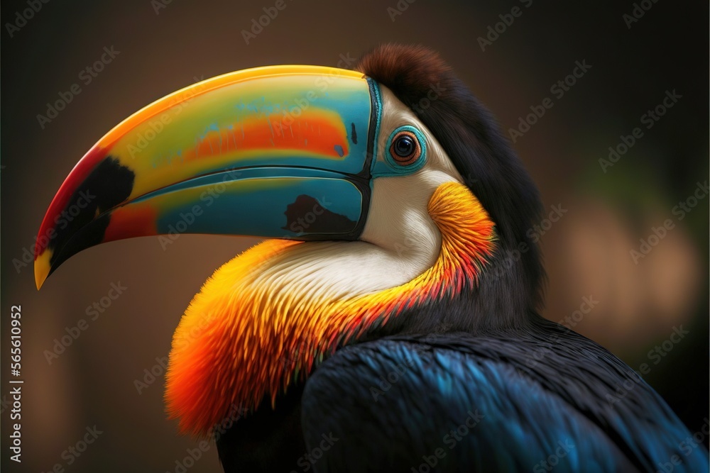 Fototapeta premium a colorful bird with a large beak and a black background is featured in this image with a black background and a black background is also with a black background. generative ai
