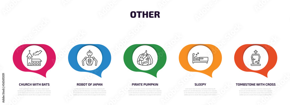 other infographic element with outline icons and 5 step or option. other icons such as church with bats, robot of japan, pirate pumpkin, sleepy, tombstone with cross vector. other infographic element with outline icons and 5 step or option. other icons such as church with bats, robot of japan, pirate pumpkin, sleepy, tombstone with cross vector.