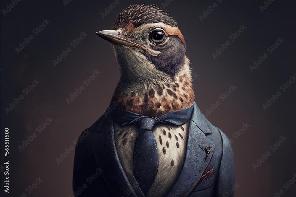 a bird in a suit and tie with a dark background and a dark background