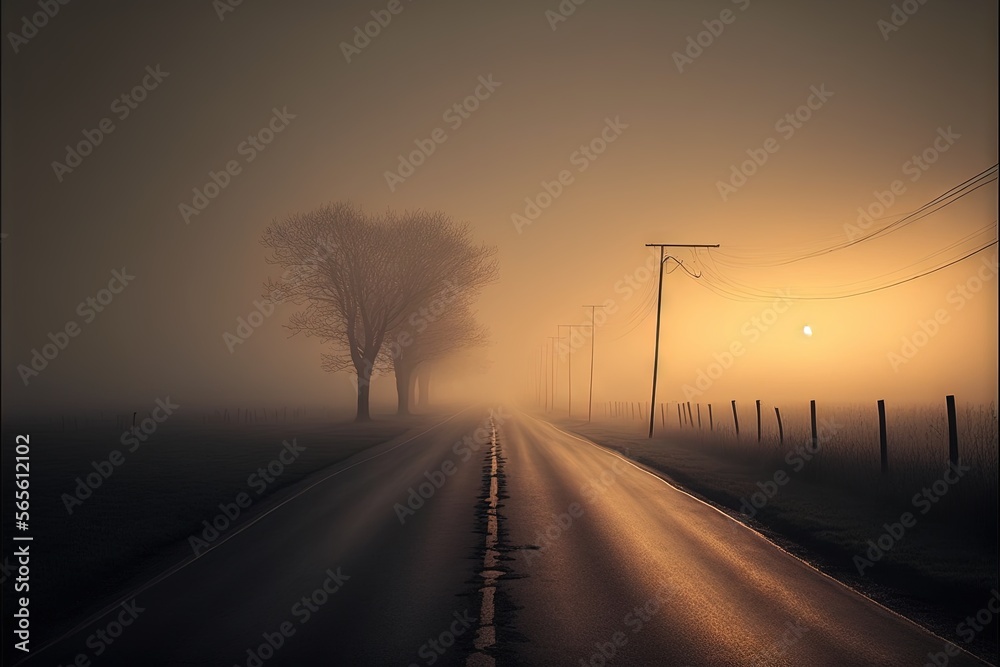  a foggy road with trees and telephone poles on either side of it and a sun in the distance with a foggy sky behind.  generative ai