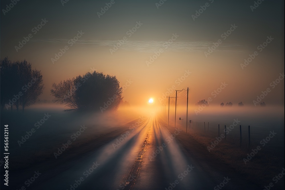  a foggy road with a sun setting in the distance and trees on the side of the road in the distance, with a line of telephone poles and telephone poles in the foreground.  generative ai