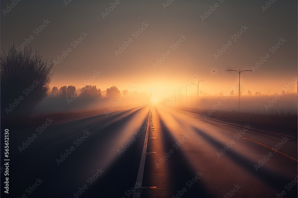  a foggy road with the sun shining through the fog and trees on the side of the road and a street light in the distance.  generative ai