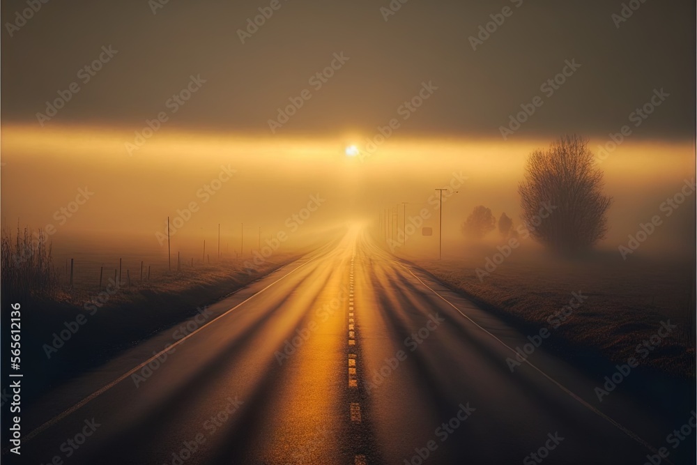  a foggy road with a sun shining through the fog and trees on the side of it in the distance is a field with a telephone pole and a road sign.  generative ai