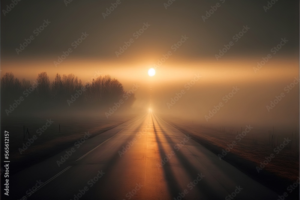  a long road with the sun shining through the fog and fog on it's sides and trees on the other side of the road.  generative ai