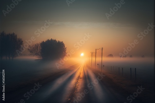  a foggy road with a sun setting in the distance and trees on the side of the road in the distance  with a line of telephone poles and telephone poles in the foreground.  generative ai
