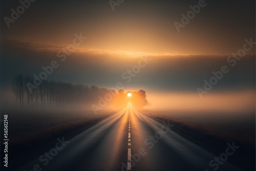 a road with a foggy sky and a sun setting in the distance with trees on either side of the road and fog in the middle. generative ai