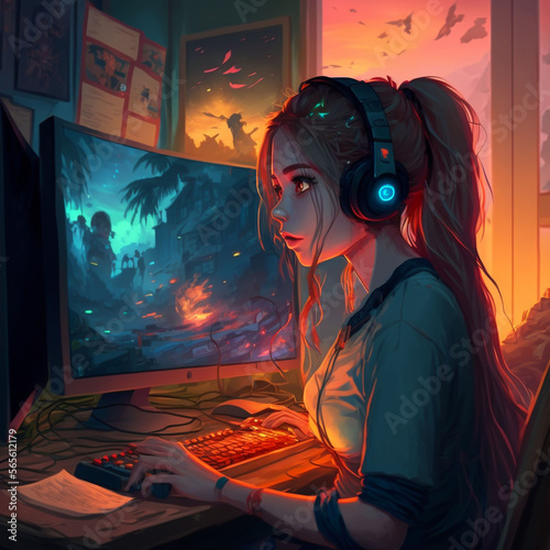 prompthunt: anime drawing of a gamer girl playing a game on her computer,  portrait shot of her face lit up by the monitor, dark atmosphere