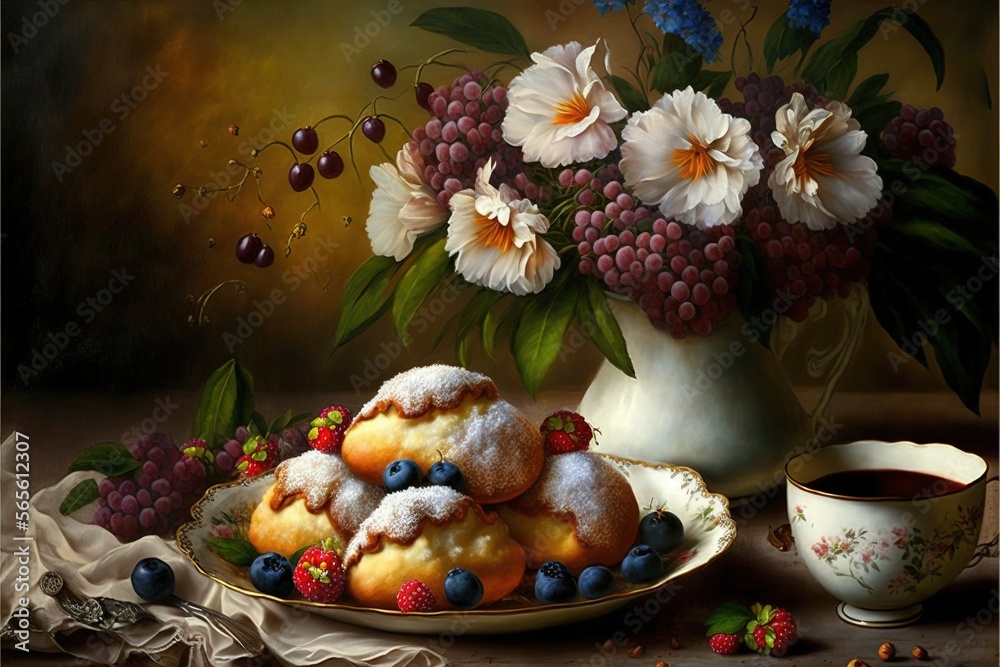  a painting of a plate of pastries and a cup of coffee and flowers on a table cloth with a vase of flowers and a cup of tea.  generative ai