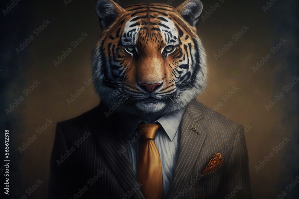 a tiger wearing a suit and tie with a dark background and a dark background  with