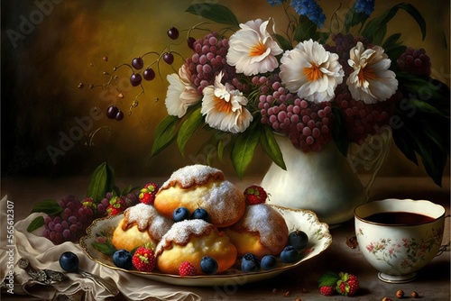  a painting of a plate of pastries and a cup of coffee and flowers on a table cloth with a vase of flowers and a cup of tea. generative ai