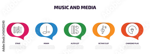 music and media infographic element with outline icons and 5 step or option. music and media icons such as stave, minim, alto clef, octave clef, charging plug vector.