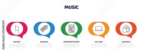 music infographic element with outline icons and 5 step or option. music icons such as natural, melodica, newspaper report, half rest, castanets vector.
