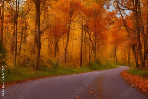 Autumn forest road leaves fall ground landscape on autumn background in November - generative ai