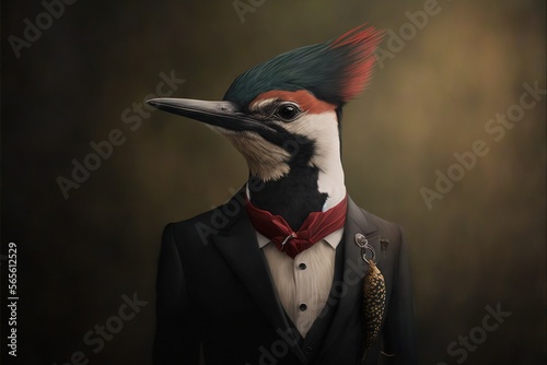  a bird wearing a suit and tie with a red bow tie and a green and white feather on its head and neck, with a black background.  generative ai photo